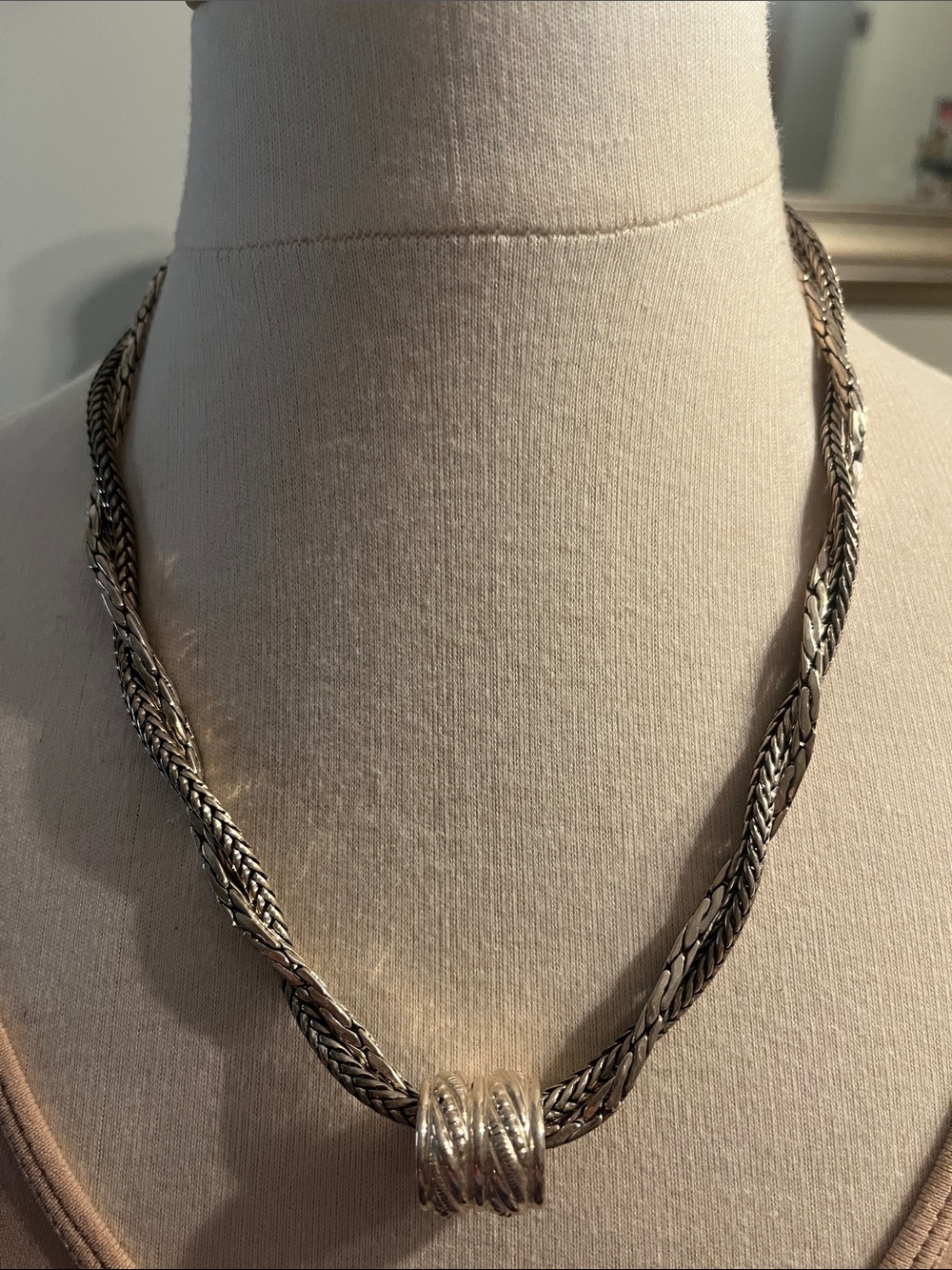 Silver-Tone Braided Chain Necklace with Decorative Barrel Pendant